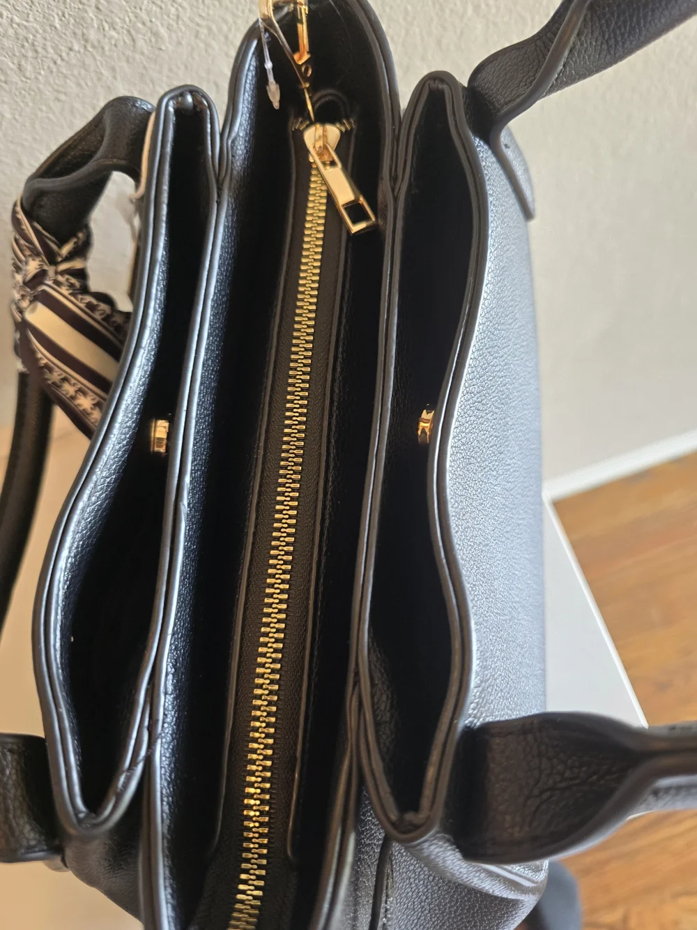 Black Women's Satchel Handbag with Gold Dragonfly Accent